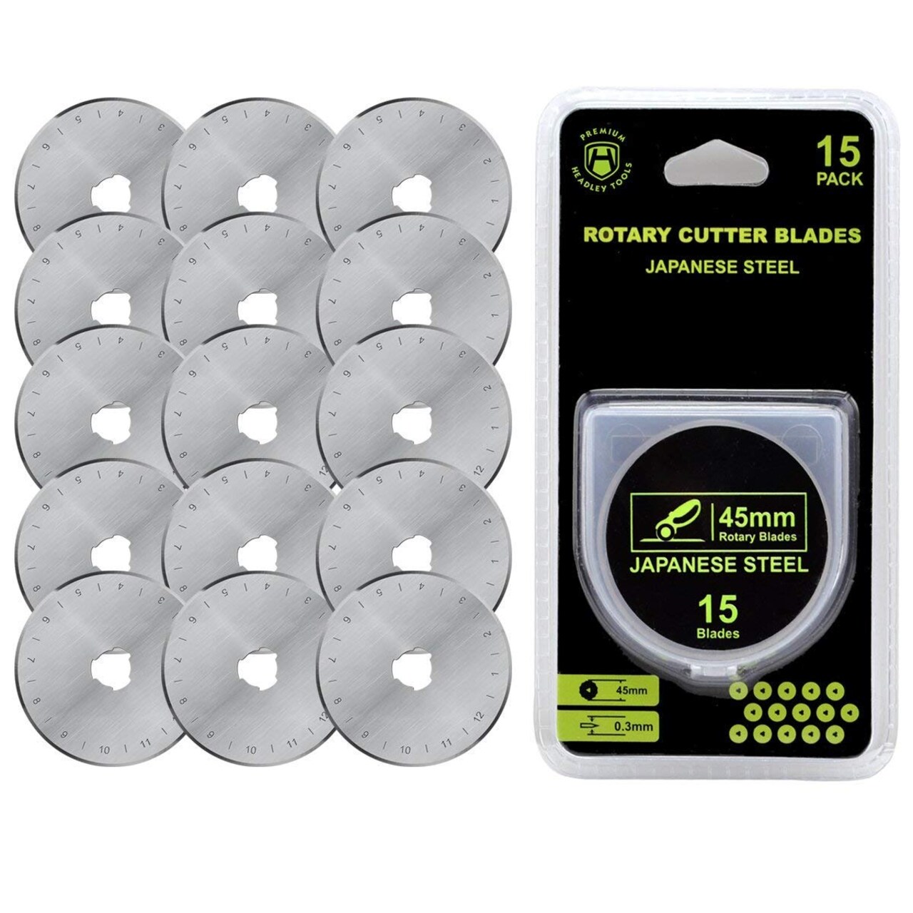 HEADLEY TOOLS 45mm Rotary Cutter Blades 15 Pack Fits Olfa, Fiskars, Replacement Rotary Blade for Arts Crafts Quilting Scrapbooking Sewing, Sharp and Durable